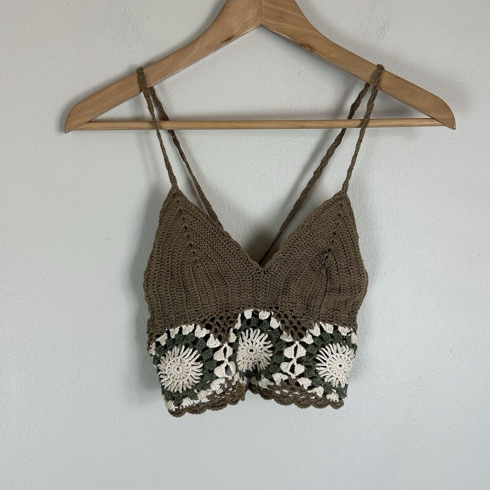 Crochet S Crop Top Corset Daisy Granny Square Green Festival Hippie Boho Folk